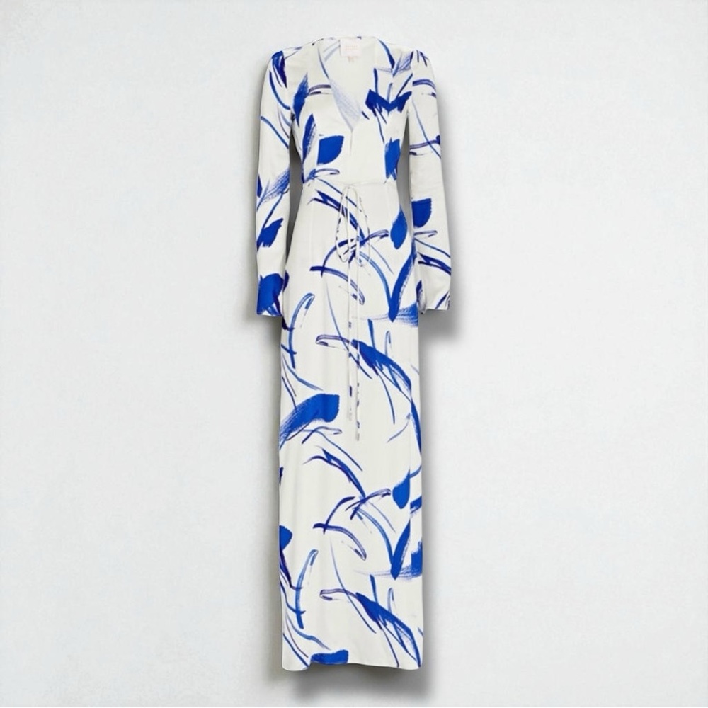 Galvan London Blue & White Silk Maxi Dress with Slit Size 4 NWOT